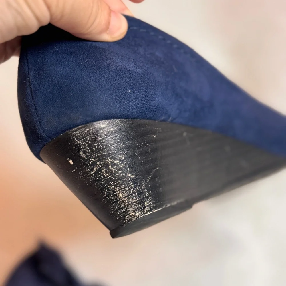 Nicole Navy Soft‎ Peep Toe Flats with Small Chunk Heal & Cute Bow, Sz 10W